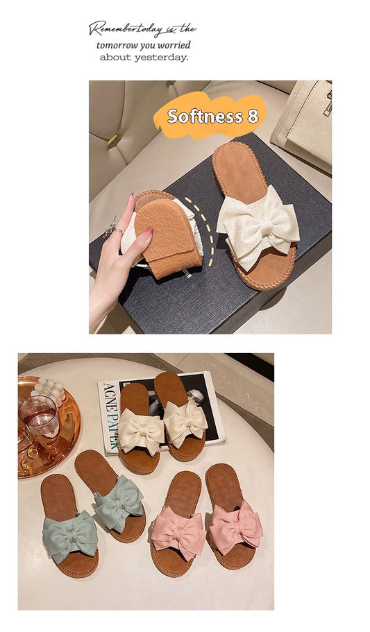Women's Slip-on Cloth Sandals Summer Soft Bottom Flat Heel Bow