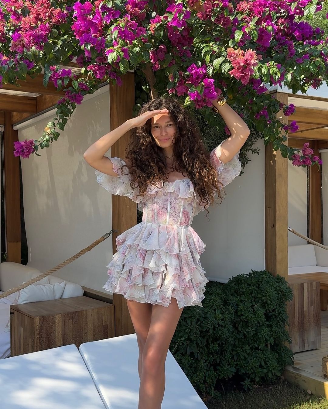 Color Printed Off-the-neck Stacked Ruffled Waist Dress