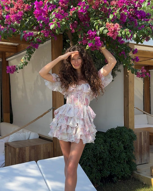 Color Printed Off-the-neck Stacked Ruffled Waist Dress