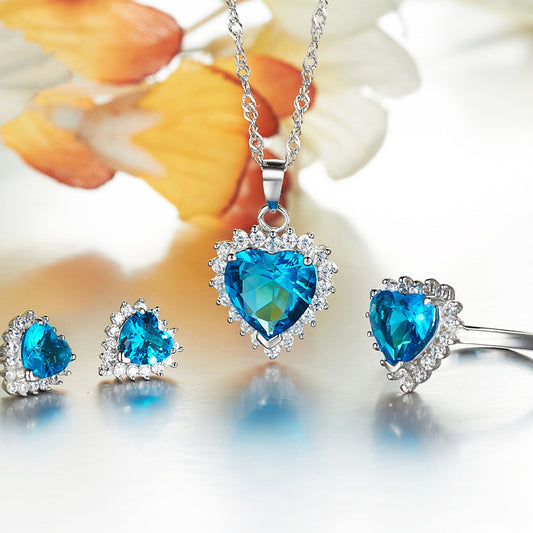 Micro Inlaid Zircon Heart Of The Ocean Necklace Ring Earings Set - BMYANY