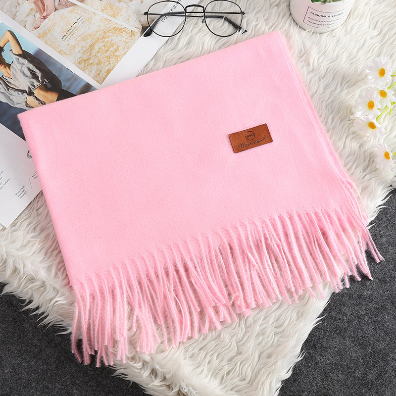 Écharpe Cachemire Couleur Unie Pompons Femme - Douce et Chaude - BMYANY