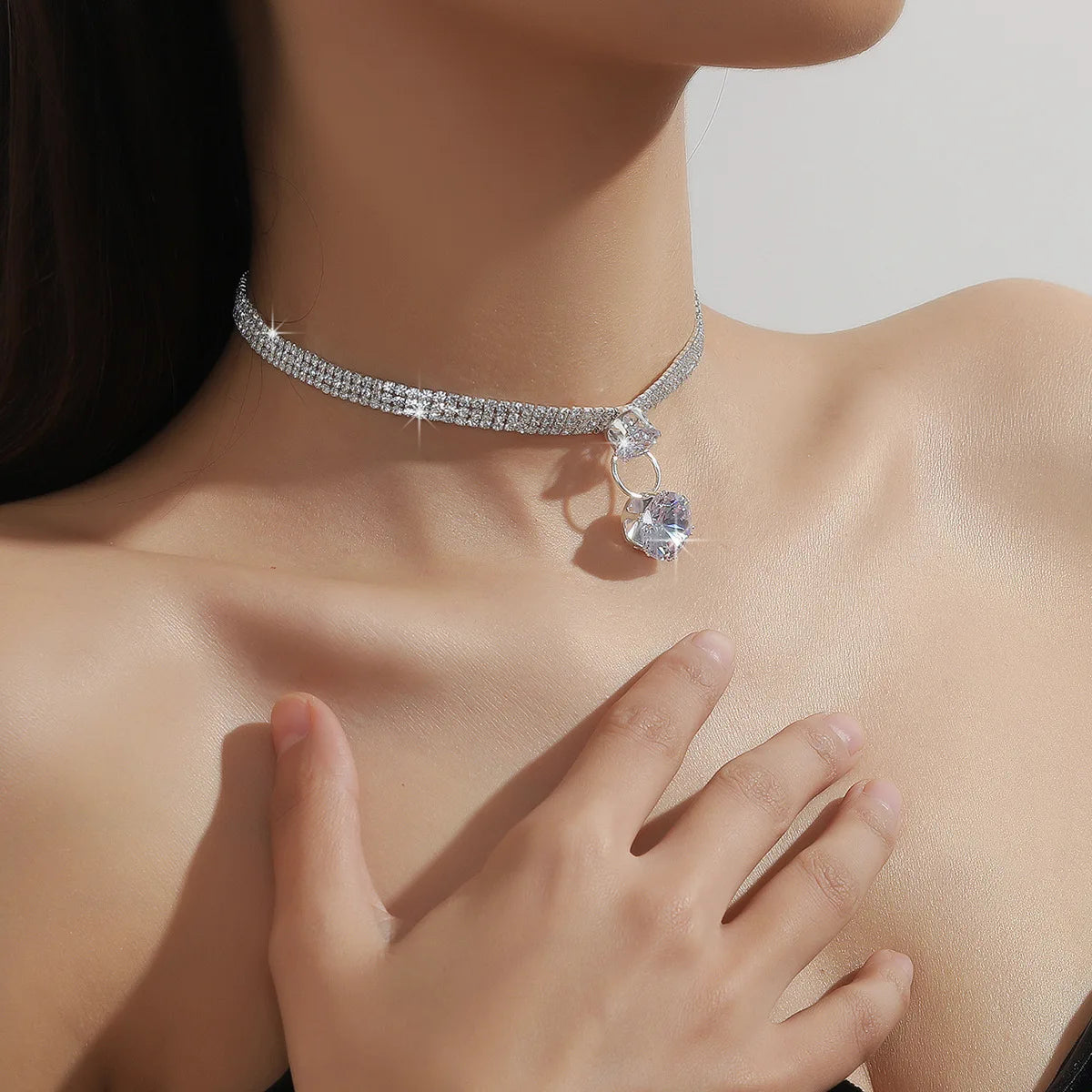 Collier TREAZY Pendentif Zircon Strass Ras du Cou Argent Femme Mariage