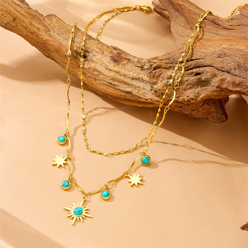Collier clavicule rétro turquoise à huit branches et double couche