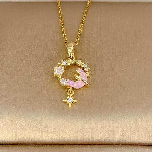 Collier Lune Zirconium Micro Serti Luxe Discret Femme Doré - BMYANY