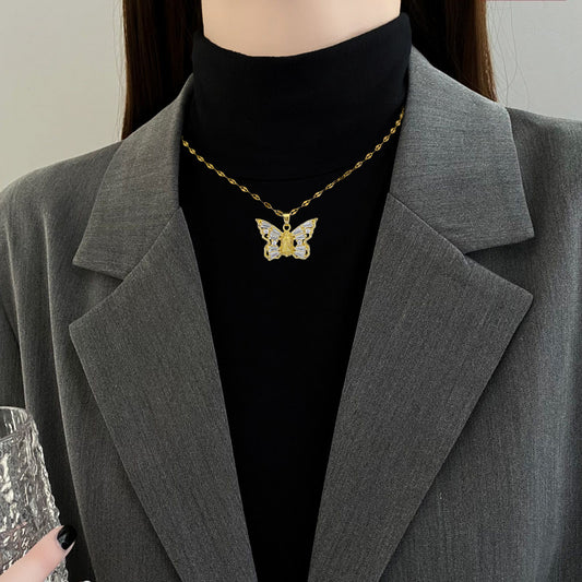 Titanium Steel Micro-inlaid Portrait Butterfly Zircon Necklace
