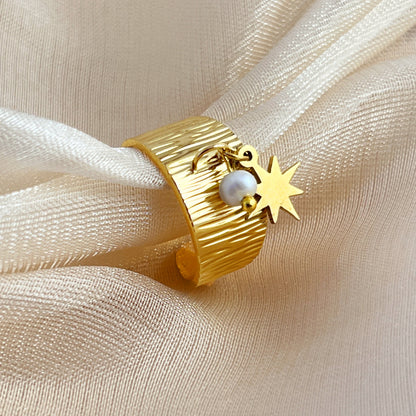 Stainless Steel 18K Gold Plating XINGX Open-end Pearl Ring